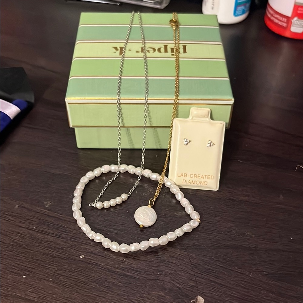 Gold and Silver Necklace(s) with Classic pearl Design, and lab grown diamonds